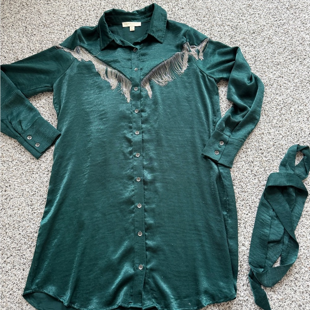 Satin Button-Down Shirt Dress in Emerald with Fringe Trim